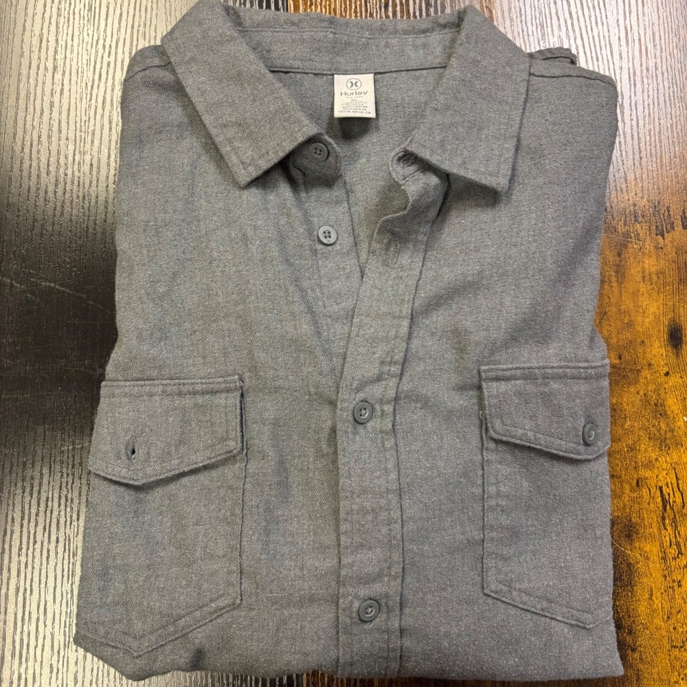 Hurley Mens XL Gray Long Sleeve Button Down Flannel Shirt Dual Pocket Heathered